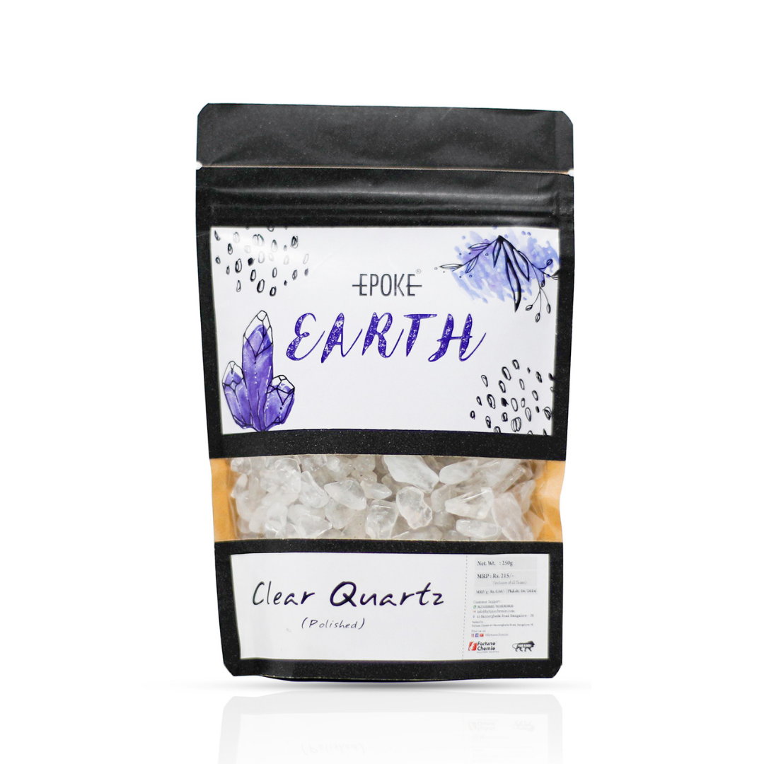 Packaged clear quartz with Epoke Earth branding on a white background
